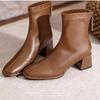 Fashion Soft Leather Brown Block Heel French Short Boots Women 2025 New Square Toe Naked Boots High Heels