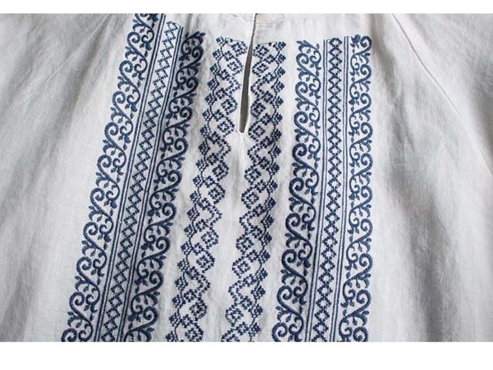 Women's Plus Size Cotton & Linen Shirt - Spring/Summer 2025 Ethnic Style with Wheat Ear Embroidery, Long Sleeve, Loose Fit.