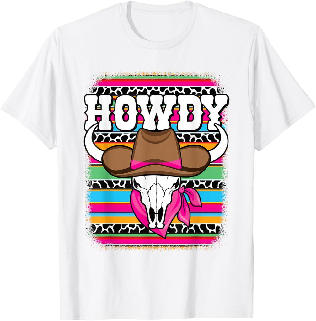 Howdy Cow Skull Western Rodeo Graphic Tee Breathable Short Sleeve Casual T-Shirt for Women