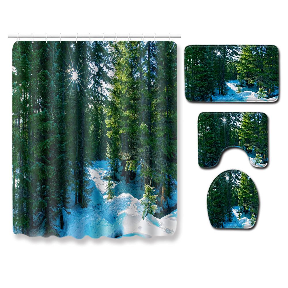 Landscape Shower Curtain Floor Mat Combination Four-Piece Set Bathroom Toilet Carpet Shower Room Mat Foot Mat