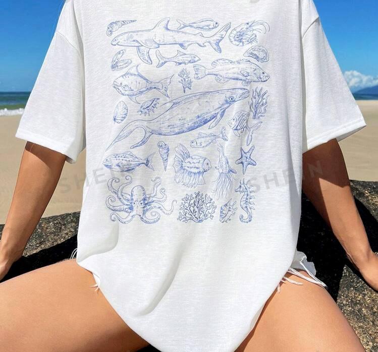 Retro Sealife Nature Protect The Whales T-Shirt Tops Tee, Ocean Printed Women's T-Shirt Tops Tee