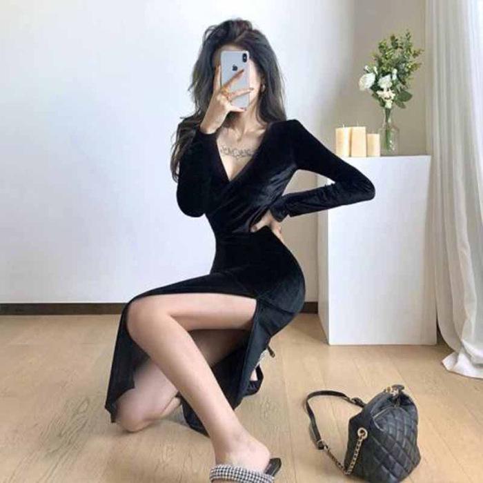 Women s Pleated V-Neck Dress: Sexy Autumn/Winter Style, Goddess Elegance, Waist-Cinching, High Slit, Mid-Length. L чёрный
