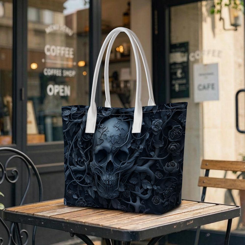 Gothic Skull Rose Shoulder Bag Dark Style Casual Tote for Daily Use