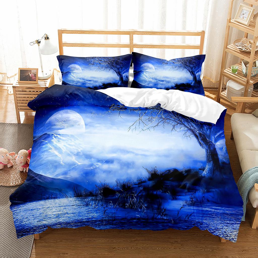 Moon Night Tree Duvet Cover Set Beautiful Landscape Pattern Polyester Comforter Cover with Pillowcase for Men Women Bedding Set