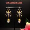 Vintage Heavy Industry Beetle Shaped Pearl Pendant Earrings With French Court Style Electroplated Antique