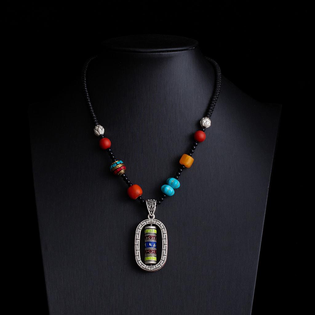 Vintage Zen Fashion Imitation Agate Pendant Necklace Collarbone Chain Couple Simple Ethnic Style Black Rope Chain Sweater Chain