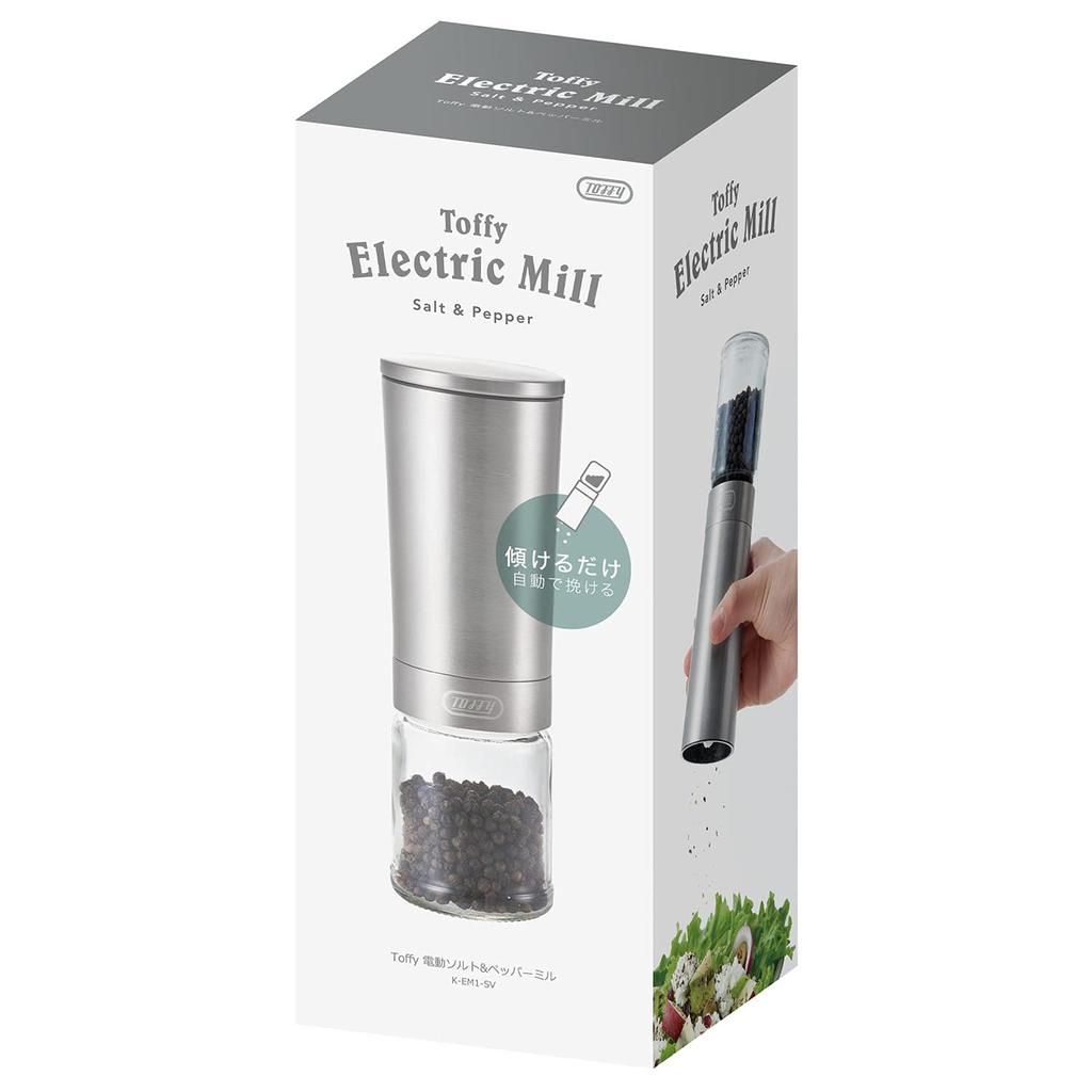 Electric Salt Pepper Mill Just Tilt Ceramic Blade Grind Stepless Adjustment Battery Operated Bottle 100ml with Lid Stainless Steel Stylish [Toffy] &
