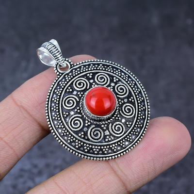 Italian Coral Gemstone Handmade 925 Sterling Silver Jewelry Pendant 1.75" A3v58