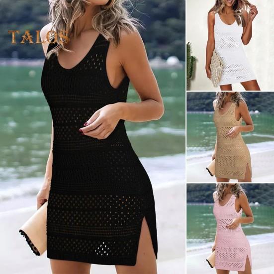 Women Knitting Beach Dress O Neck Sleeveless Solid Color Cover Up Dress Side Split Design Hollow Out Sunscreen Crochet Cover Up