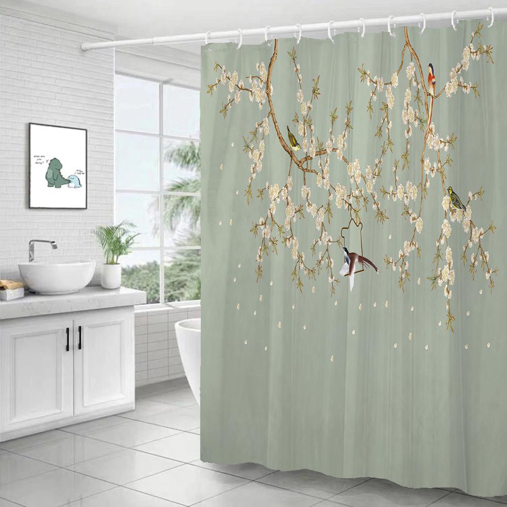 Chinese Flower Bird Shower Curtains Set Printing Waterproof Polyester Leaves Shower Curtains Bathroom Home Decor Mat 180X200Cm