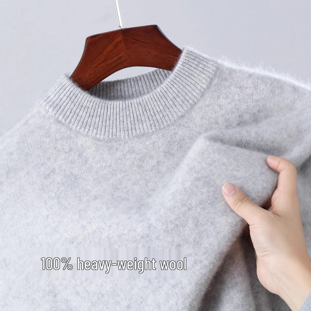 Men's 100% Pure Wool Half-High Collar Thick Knit Pullover Sweater