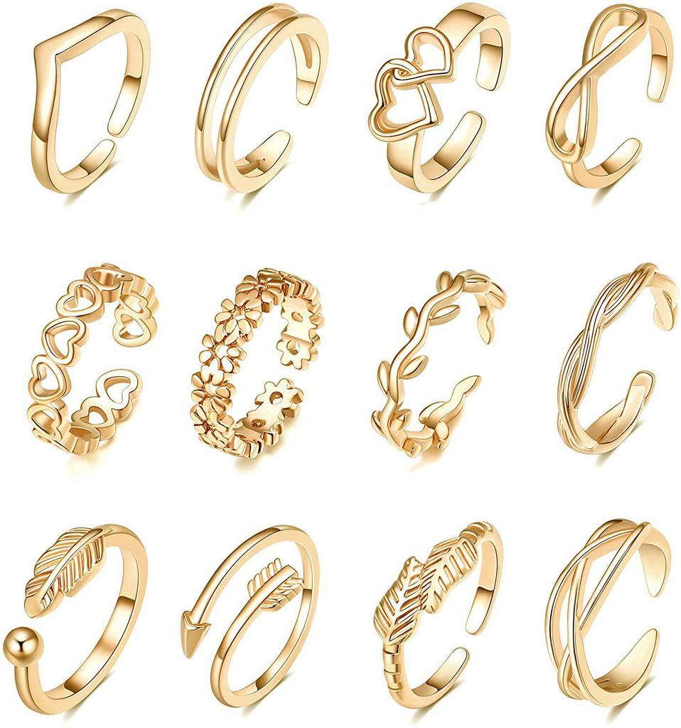 12-Piece Adjustable Toe Ring Set: Floral & Arrow Design with Open Tail Rings for Beachwear