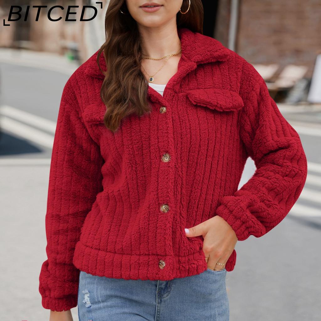 BITCED Women's Fall/Winter Ribbed Fleece Cardigan with Collar, Short-Length Jacket