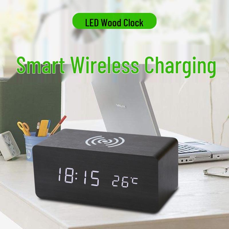 Smart Wooden Desk Clock with Wireless Charging, LED Display, Voice Control, and Silent Alarm