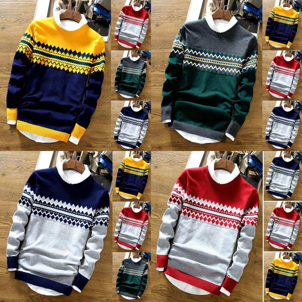 Men Slim Knit Color Block Sweater Crew Neck Jumper Top Winter Pullover Knitwear