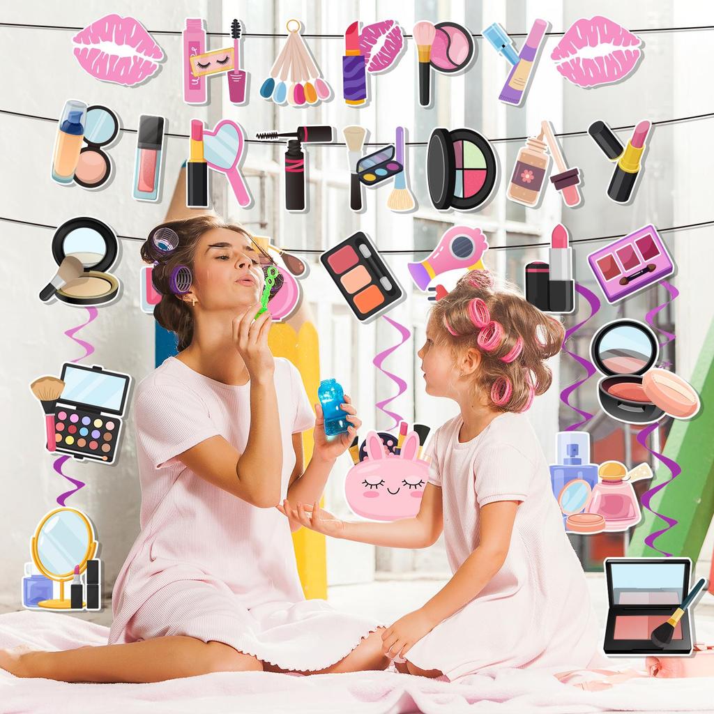 Make-up Geburtstagsfeier Dekorationen Banner mit Spiraldekorationsset - Geburtstagsbanner Spa-Party Hängende Papierdekorationen für Mädchen Frauen Make-up Party