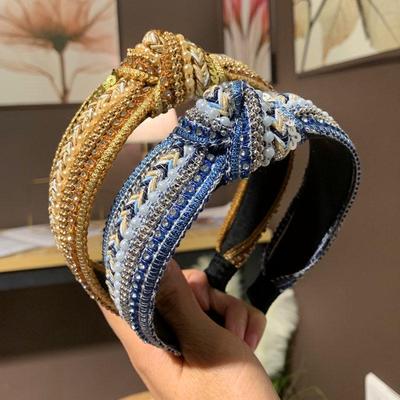 Korean Style Rhinestone Knot Headband for Women, Wide Fabric Hair Accessory with Diamonds