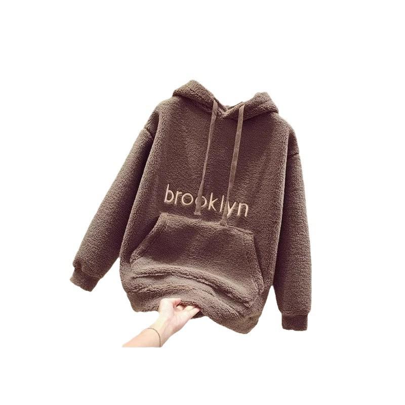 Women's 2024 Autumn/Winter Korean Style Lambswool Hooded Sweatshirt - Loose Fleece-Lined Thick Top