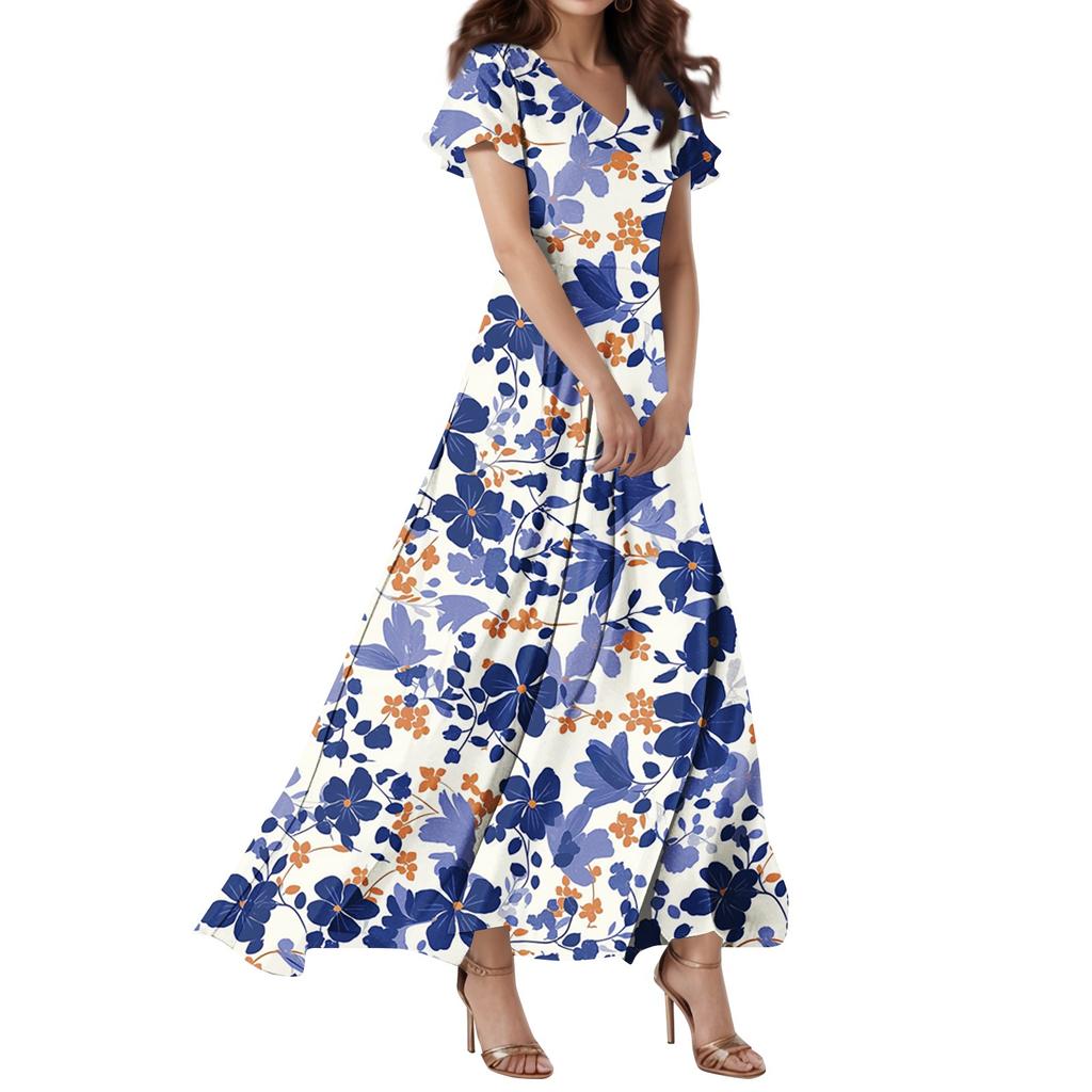 Women's Casual V-neck Short Sleeve High Waist Retro Flower Leaf Print Dress