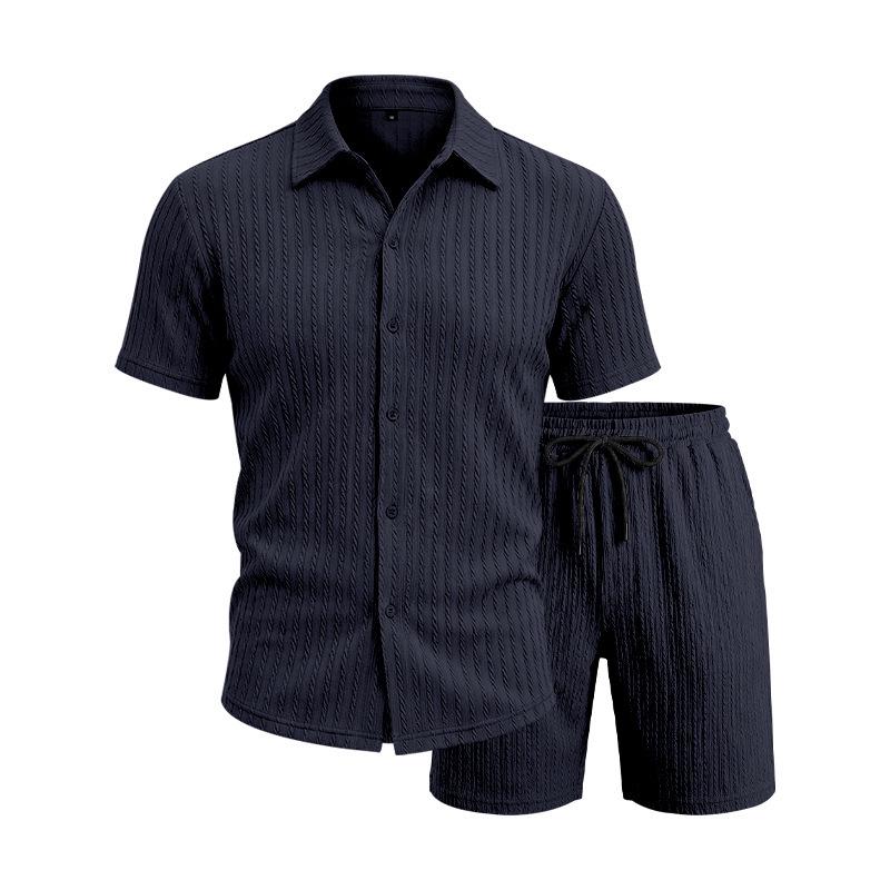 European Summer Men's Jacquard Casual Lapel Short Sleeve Shirt and Shorts Set