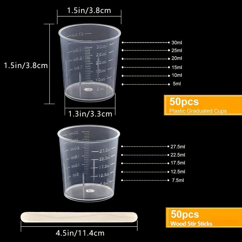 30Ml/1Oz Plastic Measuring Cups Made of Transparent Epoxy Resin Mixed Cups with 50 Wooden Mixing Sticks, Suitable for Resin, Epoxy Resin, Stains