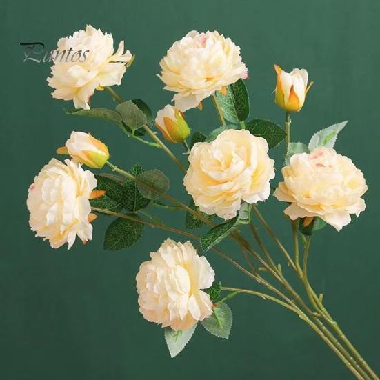 Artificial Plant 3 Branches 2 Big Heads 1 Small Bud Peony Faux Silk Flower Realistic Green Leaves Non-withered Table Centerpiece Wedding Decor