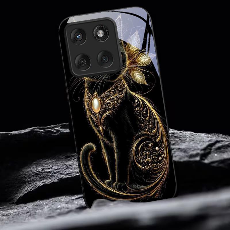 Mystic Golden Pearl Cat Black Glass Phone Case For Motorola Moto Edge 60 70 20 Lite 30 Pro 40 50 Ultra X30 Pro G14 G75 G84 Cover