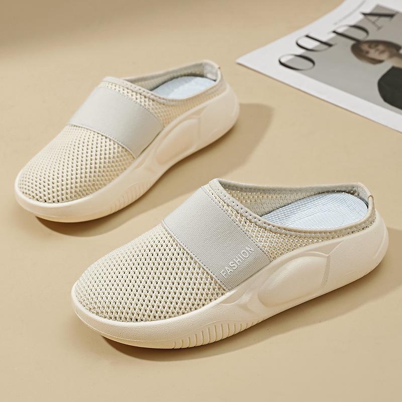 Women's Slip-On Breathable Flyknit Mesh Half Slippers - Comfortable, Casual, Fashionable, Versatile, Plus Size with Hollow Design.