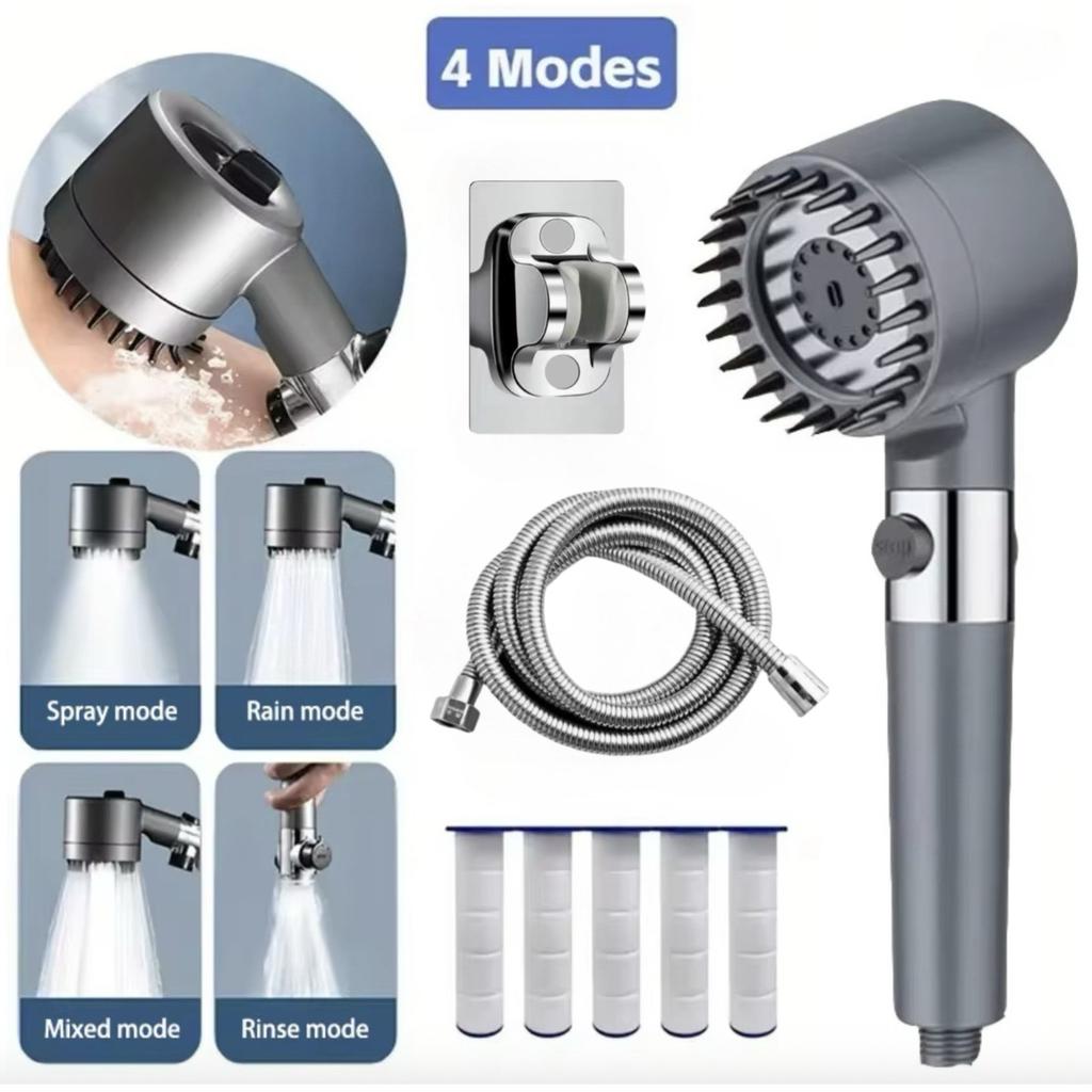 4-Mode Handheld Filter Shower Head Set - Adjustable Spray with Massage Brush, 1.5m Stainless Steel Hose, Adhesive Bracket