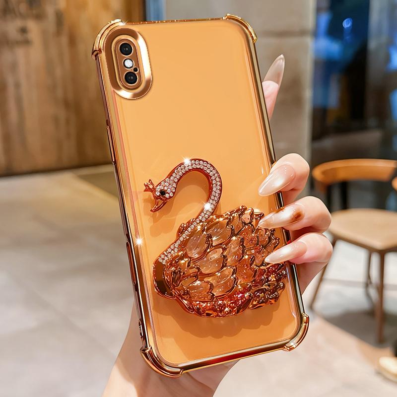 KEYSION Shockproof Plating Phone Case for iPhone XS Max Clear TPU Glitter Jewelled Swan Kickstand Back Cover for iPhone X XR