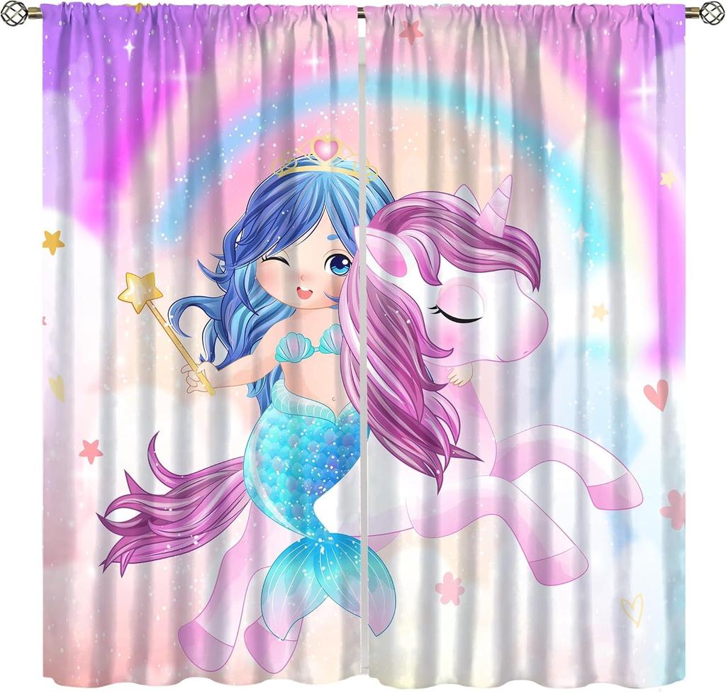 Purple Unicorn Curtains Girls Fantasy Mystery Fairytale Clouds Stars Magic Unicorns Window Drapes Kids Nursery Made Of Polyester