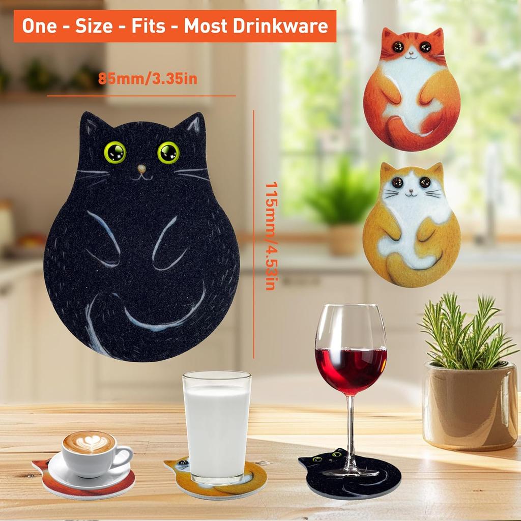 3-Pack Cat Coasters with Holder, Absorbent Felt Coasters with 3 Unique Cat Designs, Non-Slip Scratch Protection for Table, Washable Rustic Coaster