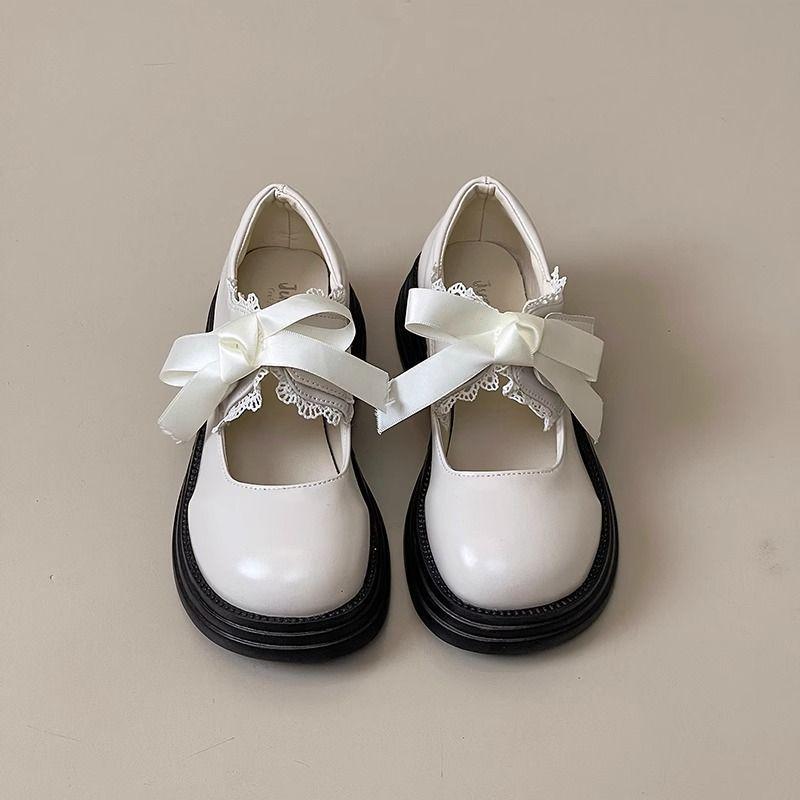 

Bowknot Small Leather Shoes for Women, Summer Lace Thick-soled Mary Jane Round-toed Jk Loafers,Cute Shallow Opening Single Shoes 35