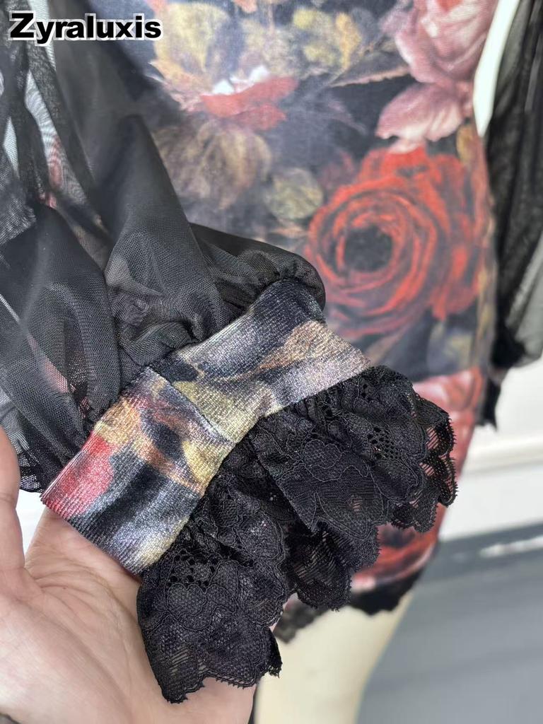 New Sexy Lace Trim Patchwork Dress, Floral Print Chiffon Bodycon Mini Skirt