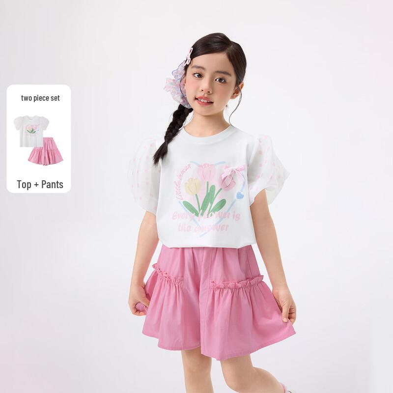 Xiaoyinman Girls  Tulip Print Puff Sleeve Mesh Two-Piece Set 140