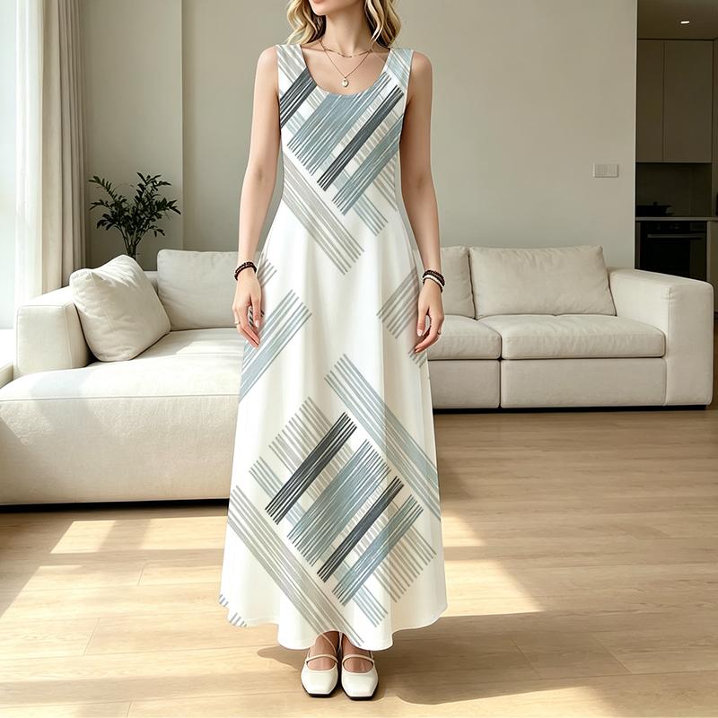Women's U-Neck Striped Sleeveless Maxi Dress Loose Fit Soft Summer Beach Vacation Dress for Daily Casual Wear