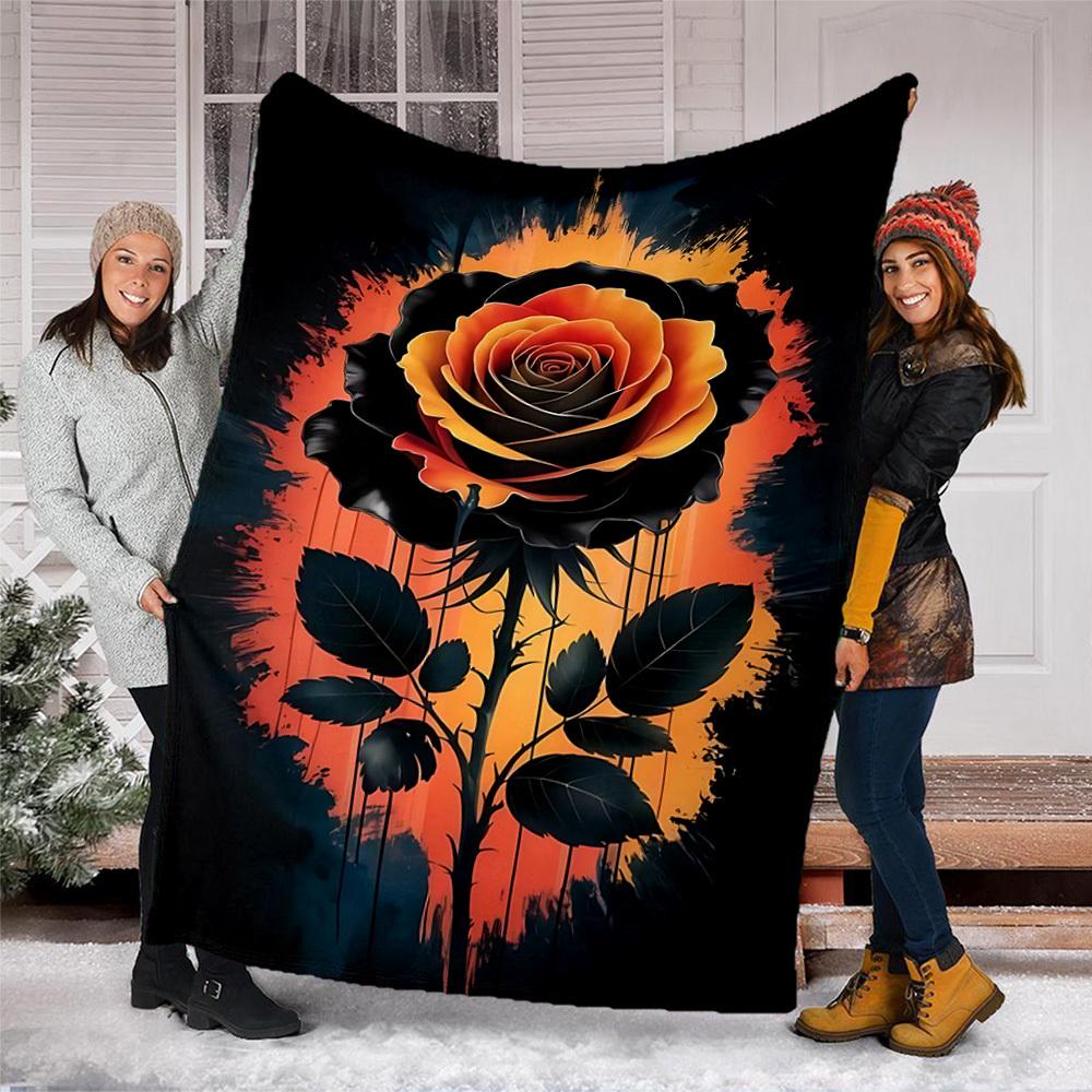 1pc Black Rose Art Print Outdoor Flannel Blanket Soft All Season Polyester Throw , Perfect for Picnics & Travel , Picnic Accessory