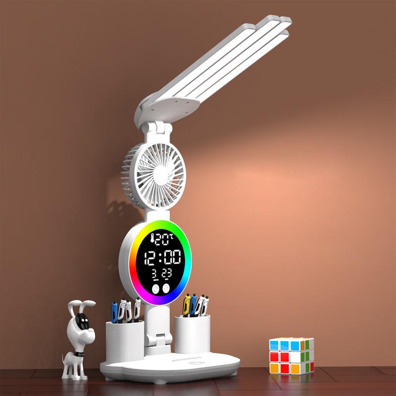 Wiederaufladbare Tischlampe (1 Stück) zum Lernen, Schreibtischlampe mit Lesefunktion, LED-Tischleuchte mit Ventilator, LED-Uhranzeige und Leselampe