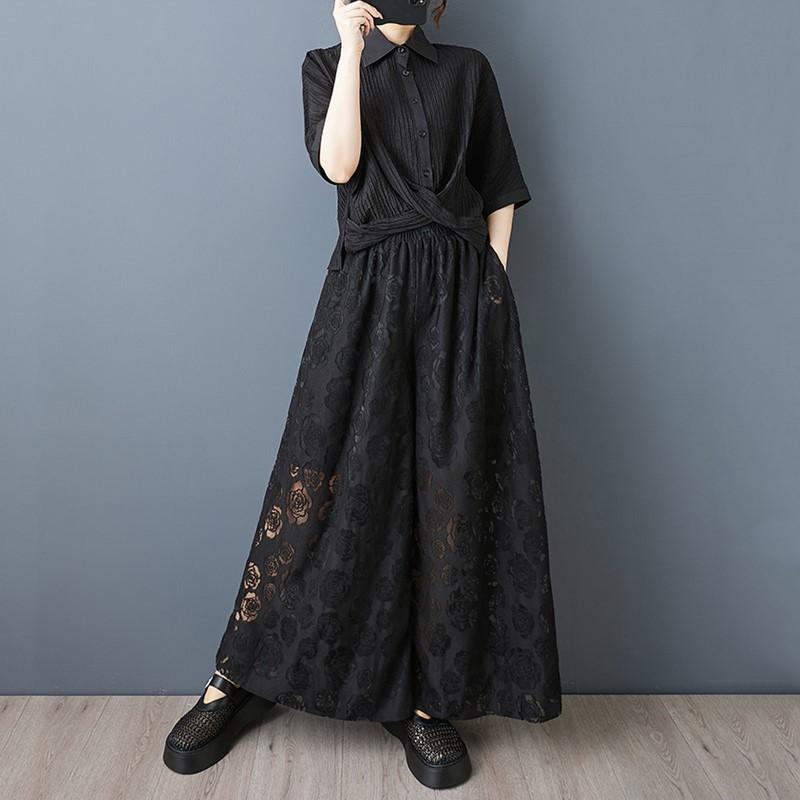 Black Plus Size Cotton Mesh Vintage Floral High Waist Casual Loose Summer Wide Leg Pants Women Trousers