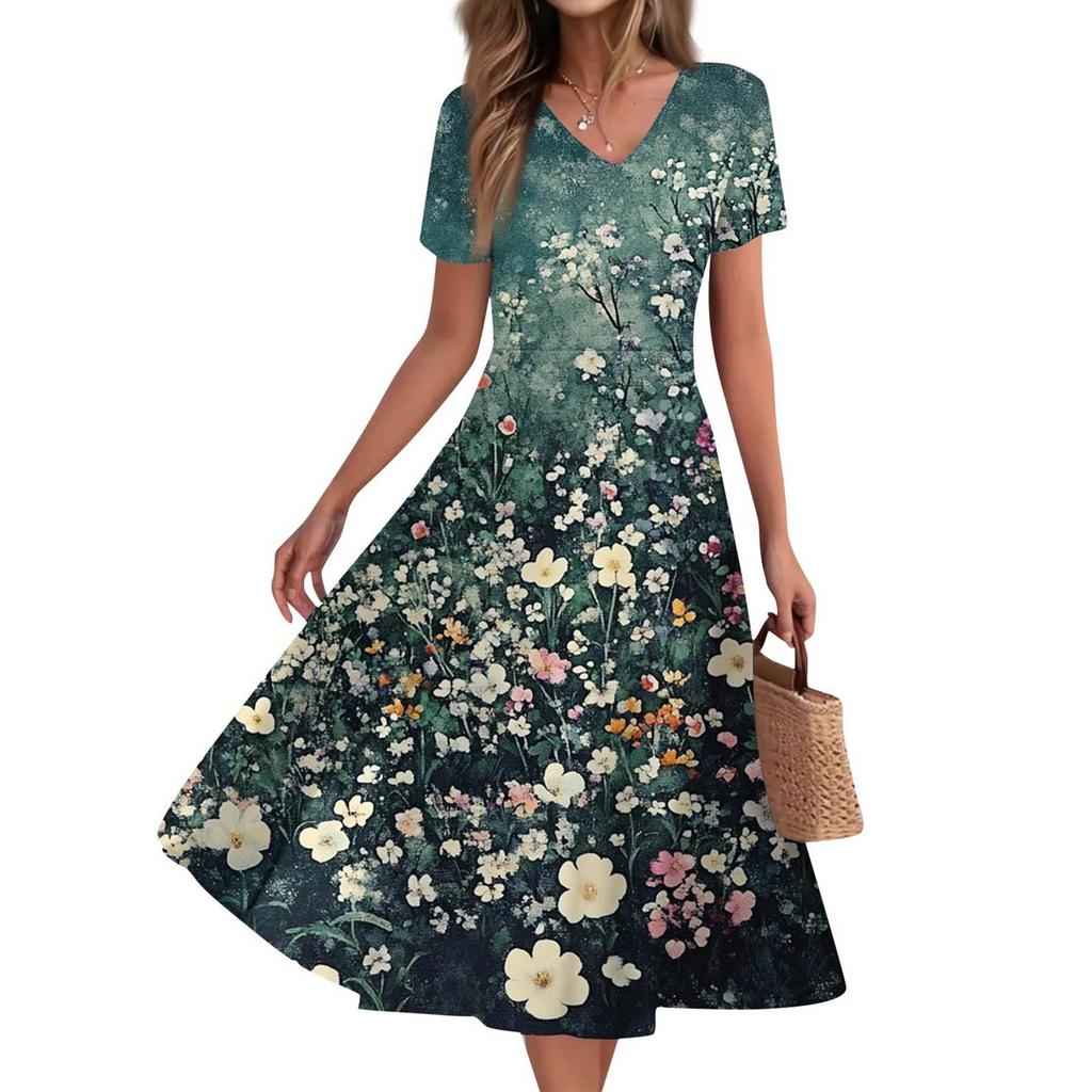 Women's Summer Casual Fashion Print Pocket Short Sleeve V-Neck Swing Dress