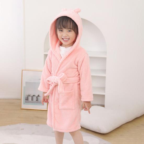 Kids Hooded Bathrobe Belted Pocket Thick Soft Quick Water Absorbent Solid Color Boys Girls Toddlers Robe Pajamas Sleepwear