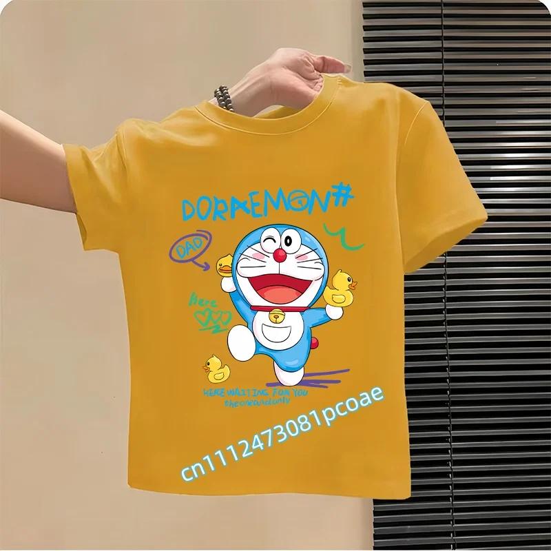 Doraemon Children's Pure Polyester Short-Sleeved Boys' Sports Shirt, Girls' Casual Top, Big Bear Cartoon Print Summer T-Shirt