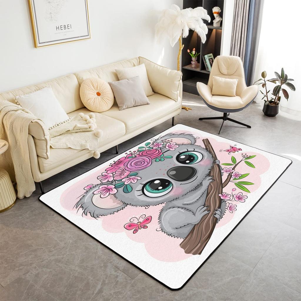 Cartoon Koala Area Rug Kawaii Wild Animal Carpet Flower Floor Mat for Bathroom Living Room Backyard Non Slip Entrance Doormat