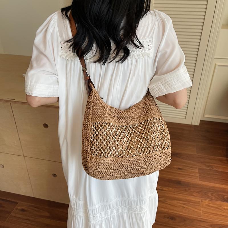 Crochet Mesh Shoulder Bag Women Summer Beach Tote With Leather Strap Natural Style Design