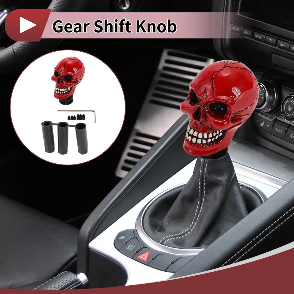 HEROFFIX 8.7cm Skull Shift Knob, Universal Gear Shift Knob, Resin Stick Shifter Lever Knob for Automatic and Manual Cars, with 3 Adapters, Red, 1 Set