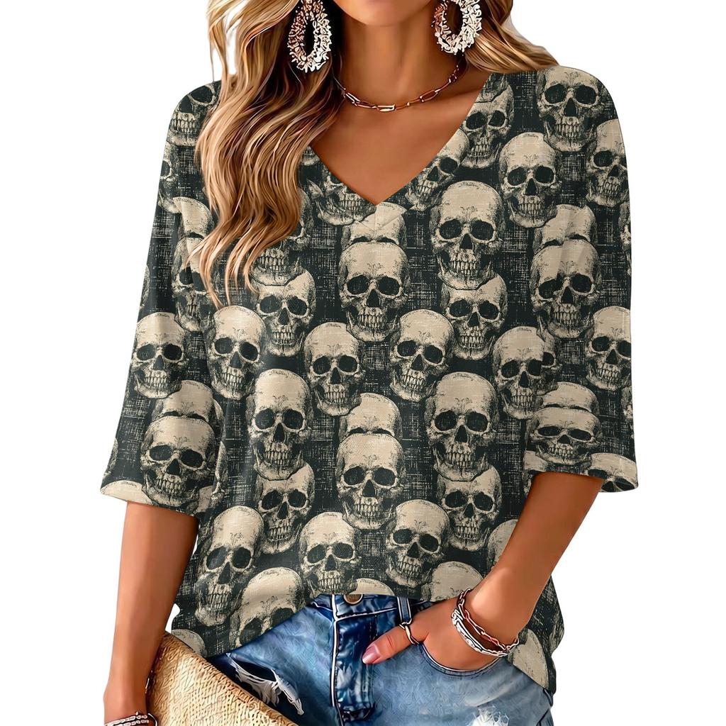 Women's V-Neck Halloween Print Lightweight Top for Spring and Summer
