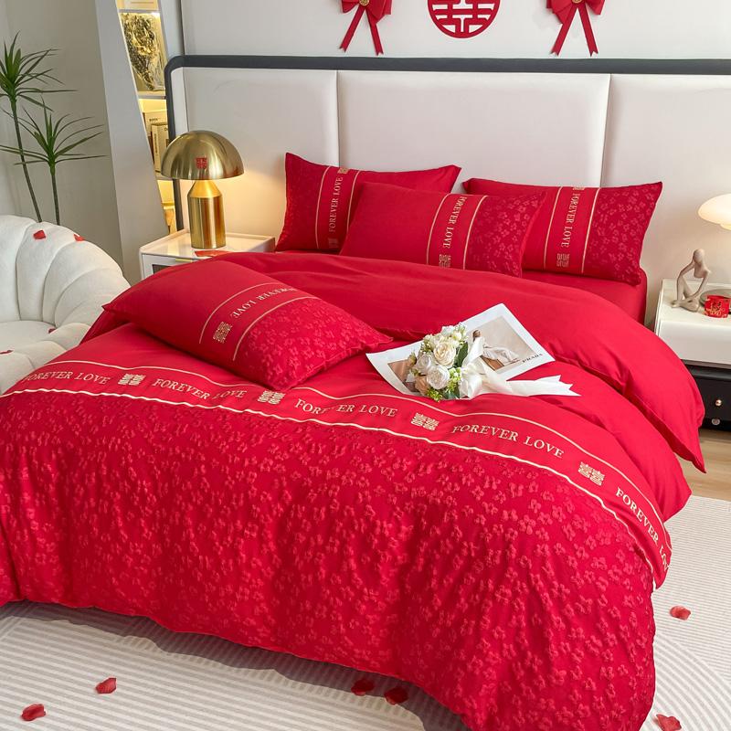 Clever Plan for Washing Cotton Wedding Four Piece Set, Red Embroidery Wedding Four Piece Set, Festive Wedding Four Piece Set