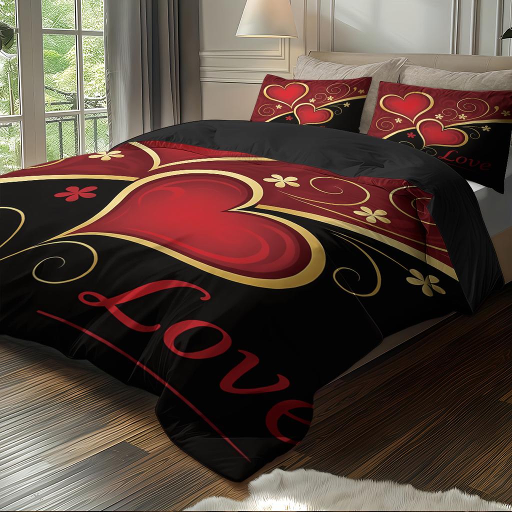 3pcs (1 Duvet Cover, 2 Pillowcases, Coreless), Black and Red Valentine's Day Heart, Love Design Printed Pattern Bedding Set