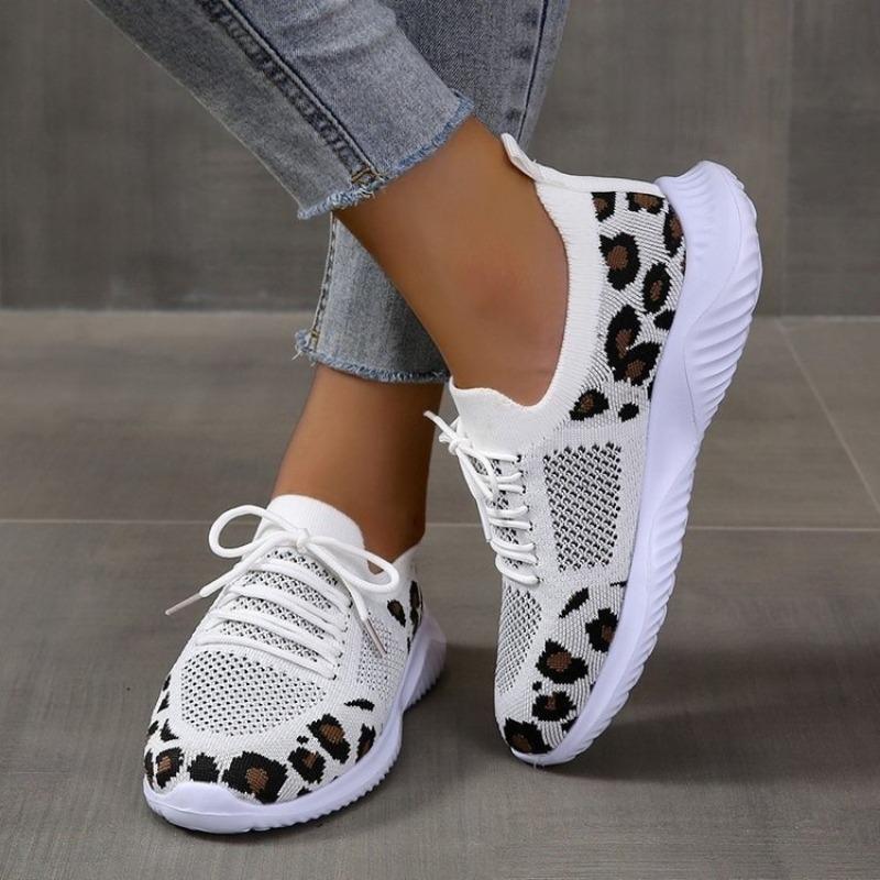 Flying Woven Women's Shoes Spring New Leopard Print Flying Woven Flat-bottomed Mesh Breathable Casual Sports Shoes Women