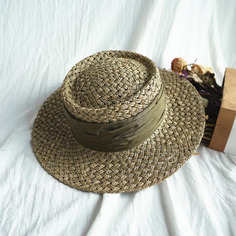 Japanese Retro Japanese Salty Grass Seaweed Woven Flat Top Top Top Top Hat Women'S Summer Shading Vacation Panama French Straw Hat